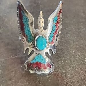 Sterling Silver Native American Turquoise Red Inlay Bird Ring Sz 8 Women Jewelry